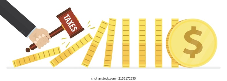 Hand of the tax inspector hits gold dollar coins with hammer. Destruction of business by high taxes. Falling dominoes. Non-payment of taxes, financial claims of the state. Flat vector illustratio