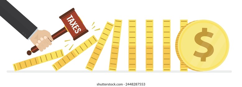 Die Hand des Steuerinspektors schlägt Golddollar-Münzen mit dem Hammer. Zerstörung von Unternehmen durch hohe Steuern. Fallende Domino. Nichtentrichtung von Steuern, finanzielle Anspruch des Staates. Abb. Vektorgrafik
