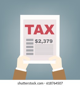 Hand with tax return declaration paper document and dollar bills. Vector illustration in flat style