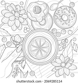 Hand with tea, donuts and flowers.Coloring book antistress for children and adults. Illustration isolated on white background.Zen-tangle style. Hand draw