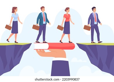 Hand of teacher holding book as bridge for business people. Knowledge as way to future success, graduate students becoming businessmen flat vector illustration. Education, literacy, growth concept