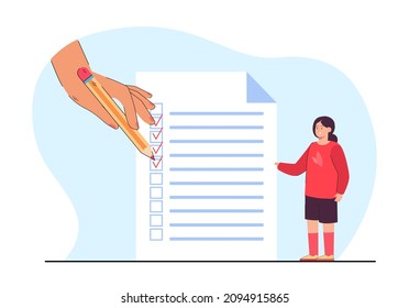 Hand of teacher ticking checkboxes in to do list for kid. Tiny girl standing near paper checklist flat vector illustration. Task, productivity concept for banner, website design or landing web page