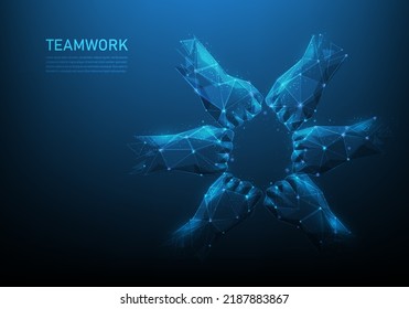 Hand Teamwork Digital Low Poly Wireframe On Blue Dark Background. People Friendship Support To Success.consist Of Lines, Dots And Triangle. Business Team Symbol. Vector Illustration Fantastic Design.