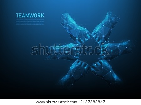 hand teamwork digital low poly wireframe on blue dark background. people friendship support to success.consist of lines, dots and triangle. business team symbol. vector illustration fantastic design.