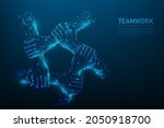 hand teamwork low poly wireframe on blue dark background. people friendship support to success. consist of lines, dots and triangle. vector illustration in fantastic digital design.