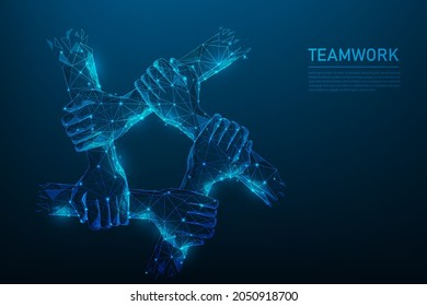 hand teamwork low poly wireframe on blue dark background. people friendship support to success. consist of lines, dots and triangle. vector illustration in fantastic digital design.