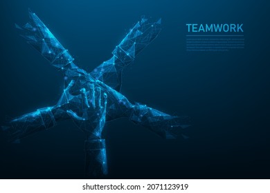 hand teamwork low poly wireframe on blue dark background. connection consisting of dots, lines, triangles. vector illustration futuristic style. 
