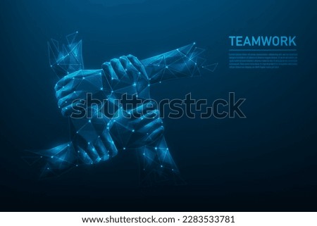 hand teamwork low poly wireframe on blue dark background.  people friendship support to success. consist of lines, dots and triangle. vector illustration in fantastic digital design.