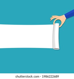 Hand tearing a blank white paper. advertising concept vector illustration