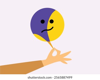 Hand tearing happy face mask, sad emoji inside happy emoji illustration