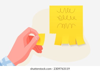 Hand tearing off paper tear-off ad. Modern flat style. Vector illustration