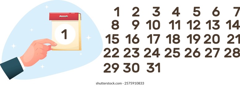 Hand tears off sheet of tear-off calendar, tear-off calendar with set of numbers. Stock vector illustration