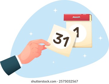 Hand tears sheet of tear off calendar, change of month year calendar. Stock vector illustration