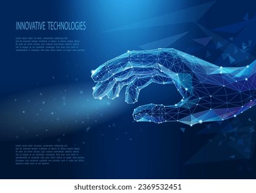 Mano en estilo tecnológico de polos bajos. Inteligencia artificial o concepto robótico. Mano poligonal humana. Negocios innovadores digitales. Ilustración vectorial de malla alambrada.