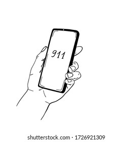 Hand with telephone dialing emergency number. Hand holding mobile phone with emergency number 911 isolated on white. Great for any safety design projects. Vector Illustration.

