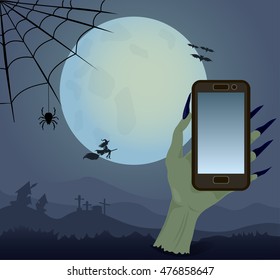 hand with telephone on the background of the moon