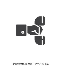 Hand with telephone receiver vector icon. Hotline service filled flat sign for mobile concept and web design. Technical support contact glyph icon. Symbol, logo illustration. Vector graphics