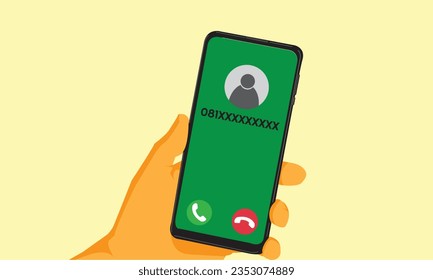 Hand mit Telefonvektorzeichnung. Es telefoniert ein Anruf von einer unbekannten Person. Akzeptieren oder ablehnen.
