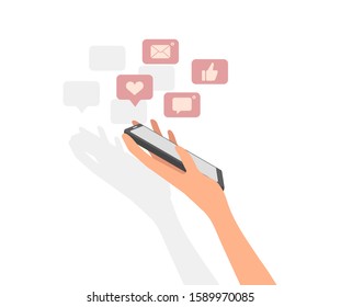 Mano con teléfono. Ilustración vectorial, pasos 10. Mantiene el teléfono, recibe un mensaje, notificación, me gusta y calificación positiva, revisión. Concepto: redes sociales, aplicaciones móviles.