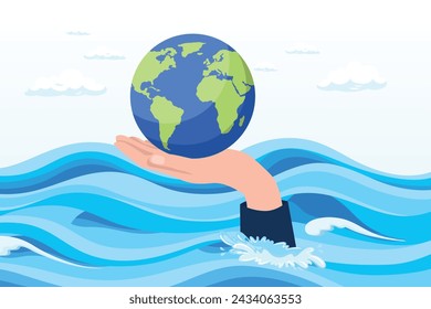 Hand tendering holding world or globe above climate flood ocean, save the world from climate change and global warming problem, protect our planet from melting ice flood or disaster (Vector)