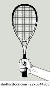 Hand mit einem Tennisschläger. Vintage Schwarz-Weiß Stilisierte Zeichnung. Vektorgrafik