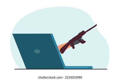 Hand of terrorist holding rifle coming out of laptop screen. Metaphor for cyber war or attack flat vector illustration. Violence, internet, propaganda concept for banner or landing web page