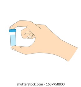 Hand with a test tube between thumb and forefinger. Plenty for your test tube text. It can be a vaccine, blood for analysis, samples of bacteria, viruses. Medical and epidemiological illustration.
