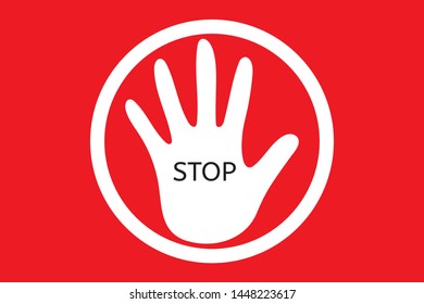 Hand with text stop sign on red background.