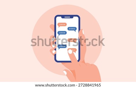 Hand texting and chatting on phone. Texting - Person sending text messages on smartphone. Phone in right hand, and writing with left hand. Vector illustration.