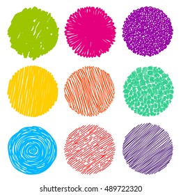 Hand texture and brush. Set. Art collection color design elements: circles, brush, wavy lines, abstract backgrounds, patterns. Vector illustration.Isolated on white background. Freehand drawing.