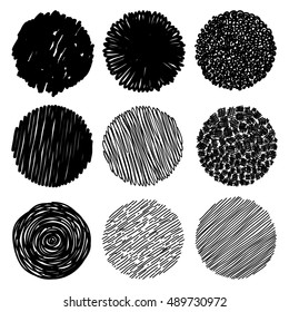 Hand texture. Set. The art collection of black design elements: circles, brush, wavy lines, abstract backgrounds, patterns. Vector illustration EPS 10. Isolated on white background. Freehand drawing.