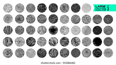 Hand texture. Set. The art collection of black design elements: circles, brush, wavy lines, abstract backgrounds, patterns. Vector illustration EPS 10. Isolated on white background. Freehand drawing.
