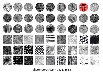Hand texture. Set. The art collection of black design elements_circles, brush, wavy lines, abstract backgrounds, patterns. Vector illustration EPS 10. Isolated on white background. Freehand drawing