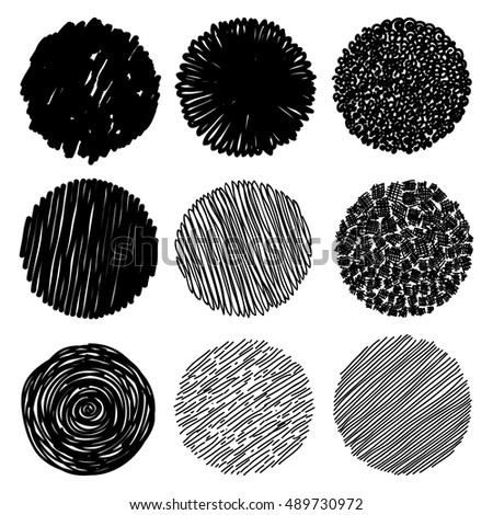 Hand texture. Set. The art collection of black design elements: circles, brush, wavy lines, abstract backgrounds, patterns. Vector illustration EPS 10. Isolated on white background. Freehand drawing.
