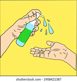 Hand, dass Sanitisierer anwenden, um die Ausbreitung von Keimen, Viren und Bakterien zu verhindern.