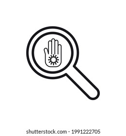 The hand that is being looked at using luv has a virus, covid 19 prevention items. Line, outline symbols. Vector illustration