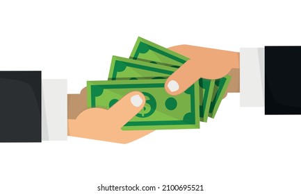 The hand that gives money to the other hand. Handshake. Investment, marketing, withdrawal concepts. Hidden fees, salaries payments, tax evasion, bribery concept. Flat style vector illustration