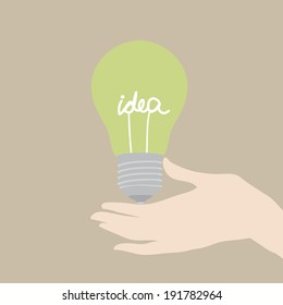 A hand that gives an orange light bulb with text - idea - to someone