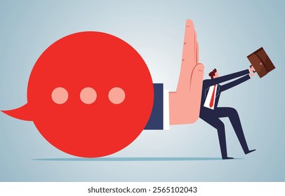 the hand that grows out of the speech bubble pushes the businessman forward