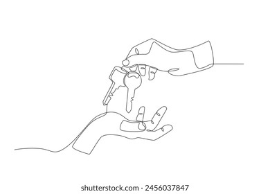 The hand that handed over two house keys. Buy a new house concept one-line drawing