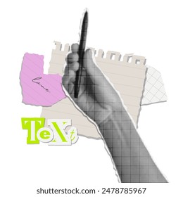 Hand that hold a pen with torn papers on background. Trendy halftone collage style. Vector illustration.