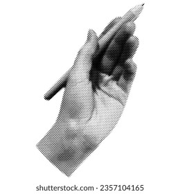 Hand that hold a pen. Trendy halftone style for collages.