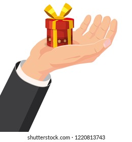 The hand that holds the box, gift. Cartoon style. The concept of delivery, victory, Christmas holiday, birthday, engagement, wedding. Vector, illustration, isolated