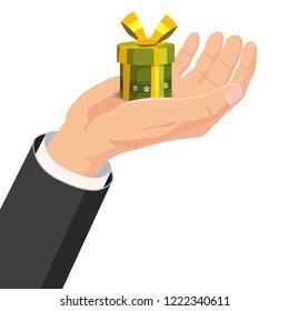 The hand that holds the box, gift. Cartoon style. The concept of delivery, victory, Christmas holiday, birthday, engagement, wedding. Vector, illustration, isolated