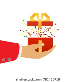 The hand that holds the box, gift. Flat style. The concept of delivery, victory, birthday, engagement. Vector