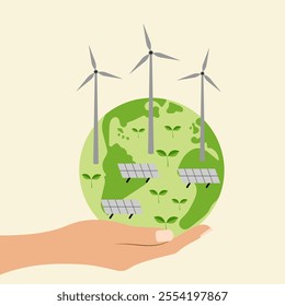 A hand that holds a green planet with a wind turbine, solar panels, sprouts and green grass. Green renewable energy. Sustainable energy. Vector illustration.