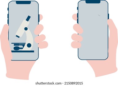 hand that holds the phone, vector, blue phone display with microscope and empty