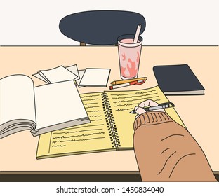 A hand that opens a book on a desk and writes something on a note. Someone is studying hard. hand drawn style vector design illustrations. 