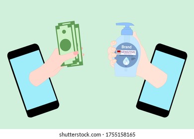 Hand that out of smartphone, is hold money. the other hand is hold soap bottle. Contactless purchase of goods using your phone. Buying or selling by using Wireless Technology. Shopping online concept.