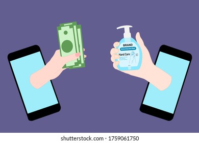 Hand that out of smartphone, is hold money. the other hand is hold soap bottle. Contactless purchase of goods using your phone. Buying or selling by using Wireless Technology. Shopping online concept.